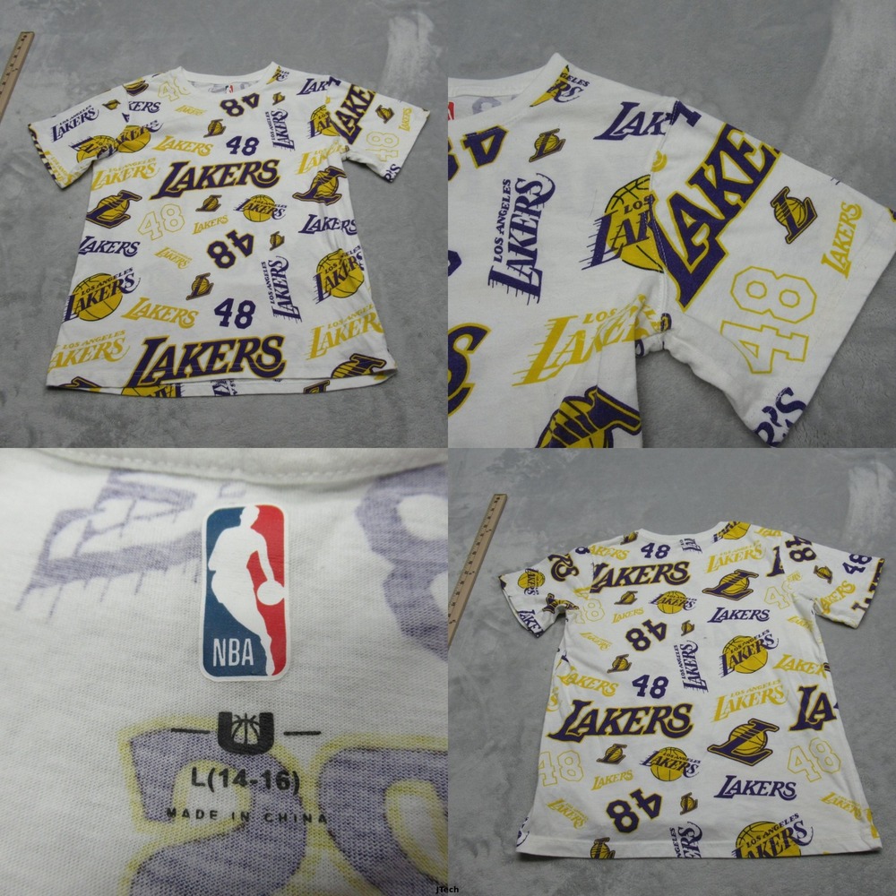 NBA Los Angeles Lakers Shirt Youth Size Large White All Over Print Short Sleeve‎